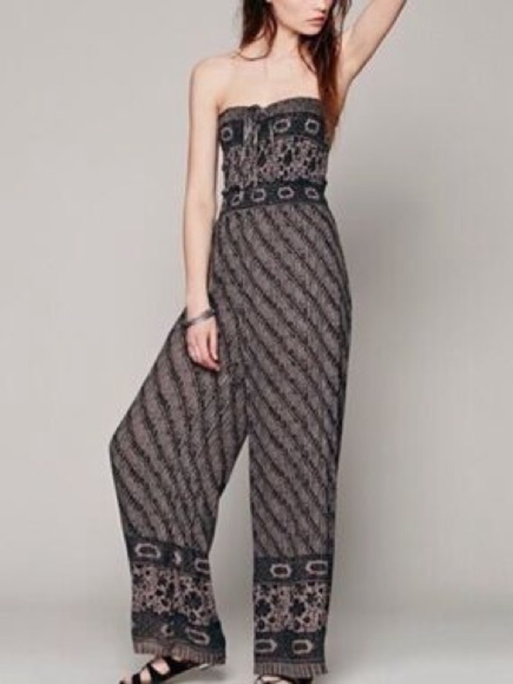 Free People Black Grey Boho Hippie Lightweight Wide Leg Romper Jumpsuit Large